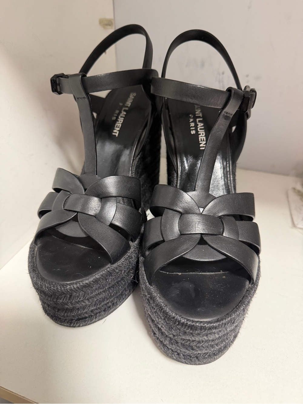 SAINT LAURENT Black Woven Leather Platform Sandals